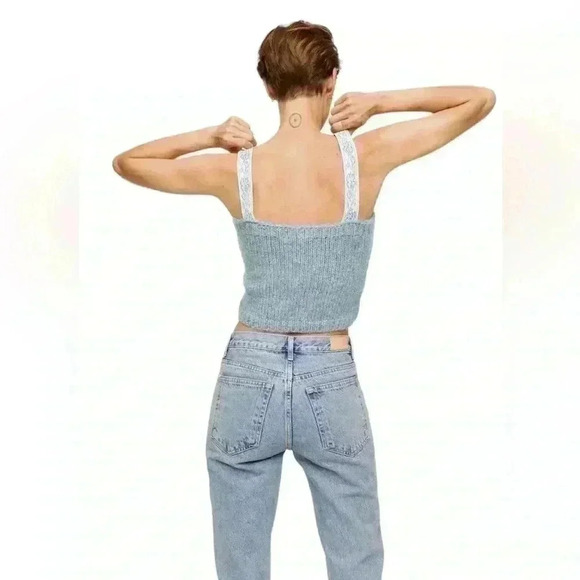 Mango Matilda Alpaca Blend Sweater Tank L Blue Casual Floral Straps Cropped NWT - Picture 2 of 9